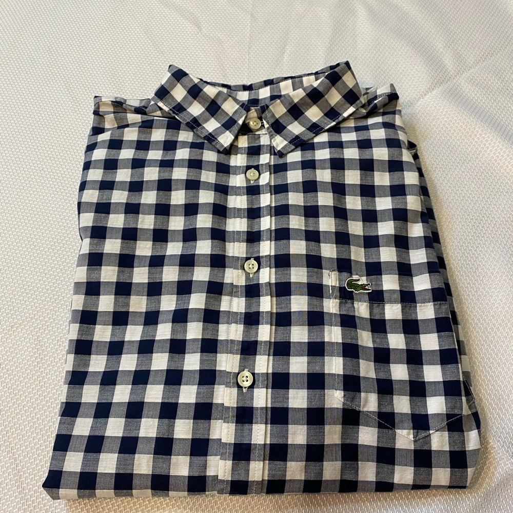 Lacoste Button Down Shirt. Checkered, Blue, Grey, White. Size 42 (Large)